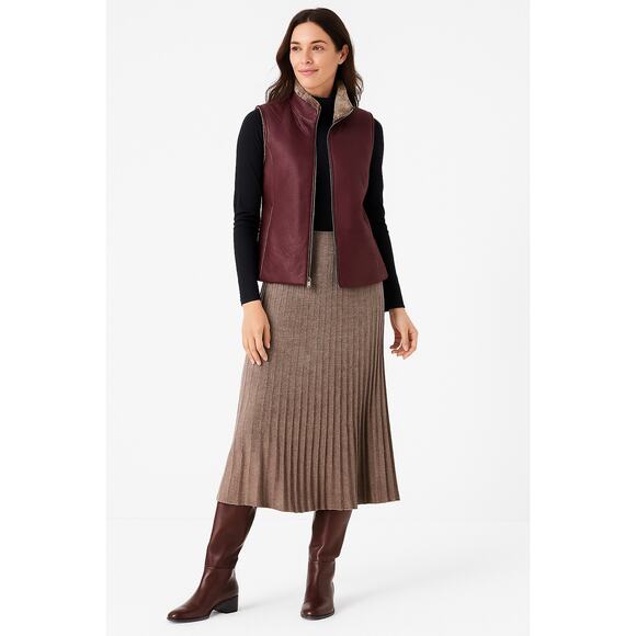 J. Jill 100% Leather Vest Jacket S Sherling Wine/Brown Front Zip Boho Indie - Picture 1 of 11